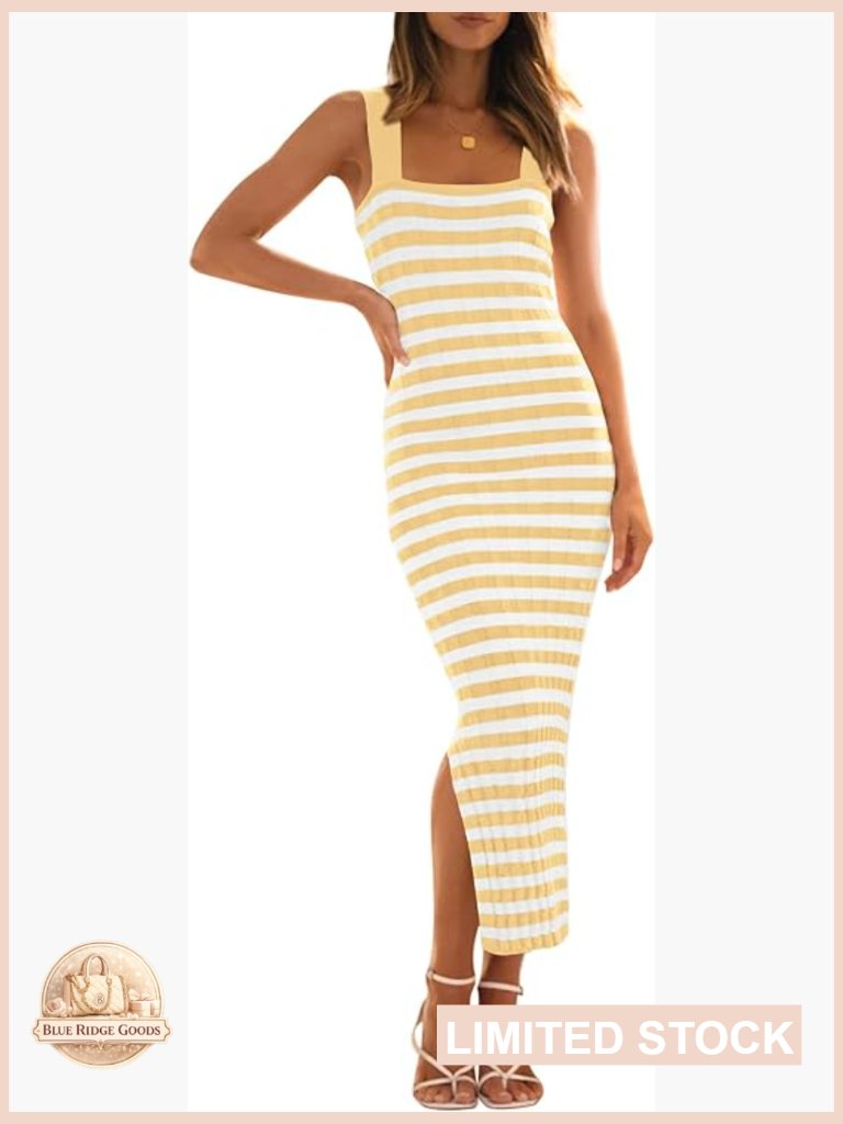 Striped Bodycon Midi Dress Sleeveless Ribbed Knit Summer Vacation Slit Side